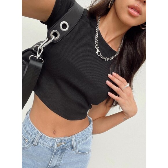 Princess Polly Tops - Princess Polly Black Ribbed Cropped Flirty Baby Tee T-Shirt Crop Top Y2K Inspo